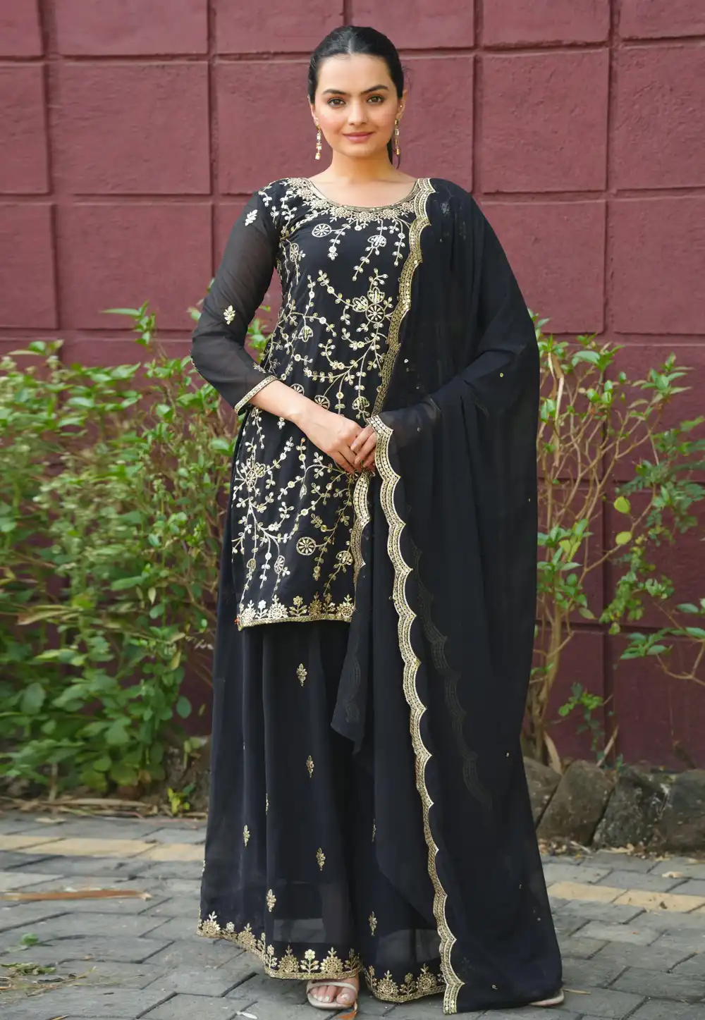 Black Faux Georgette Readymade Palazzo Suit 315255