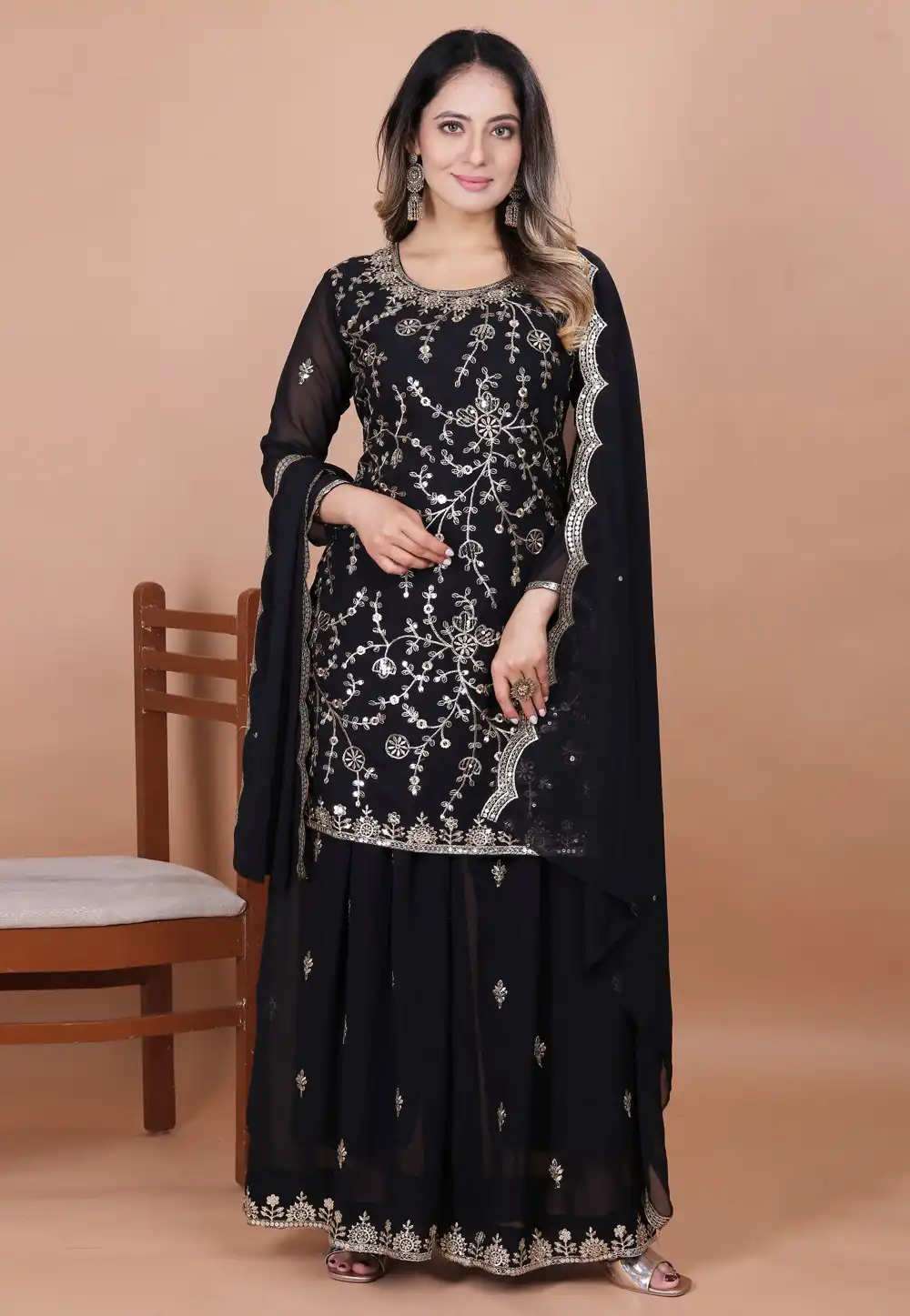 Black Faux Georgette Readymade Palazzo Suit 317548