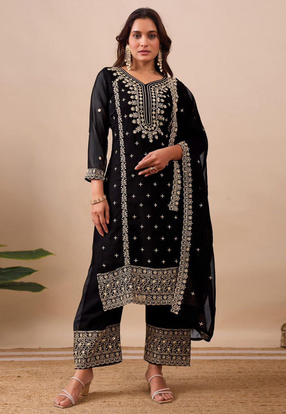 Black Faux Georgette Readymade Palazzo Suit 318771