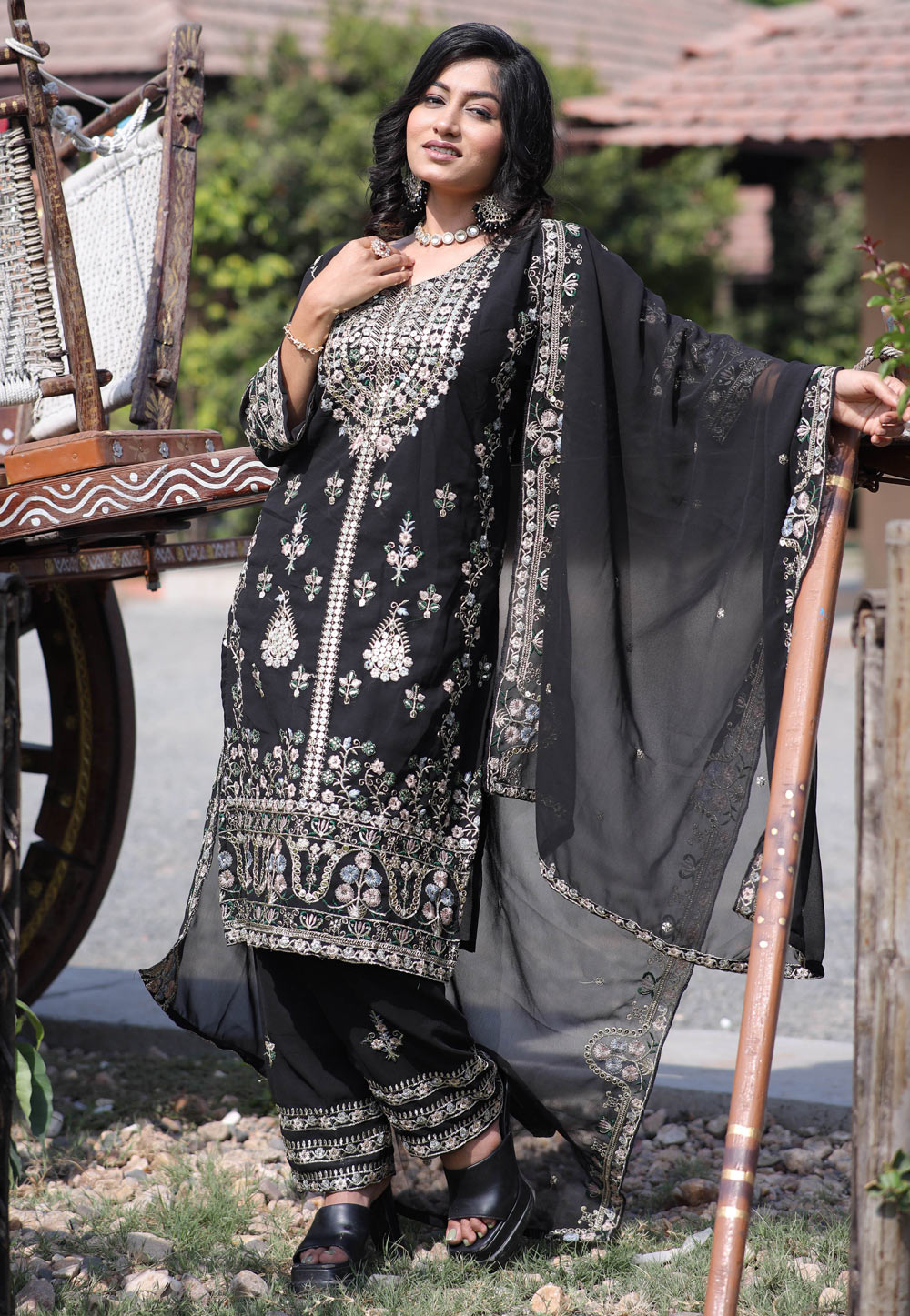 Black Faux Georgette Readymade Pant Style Suit 311113