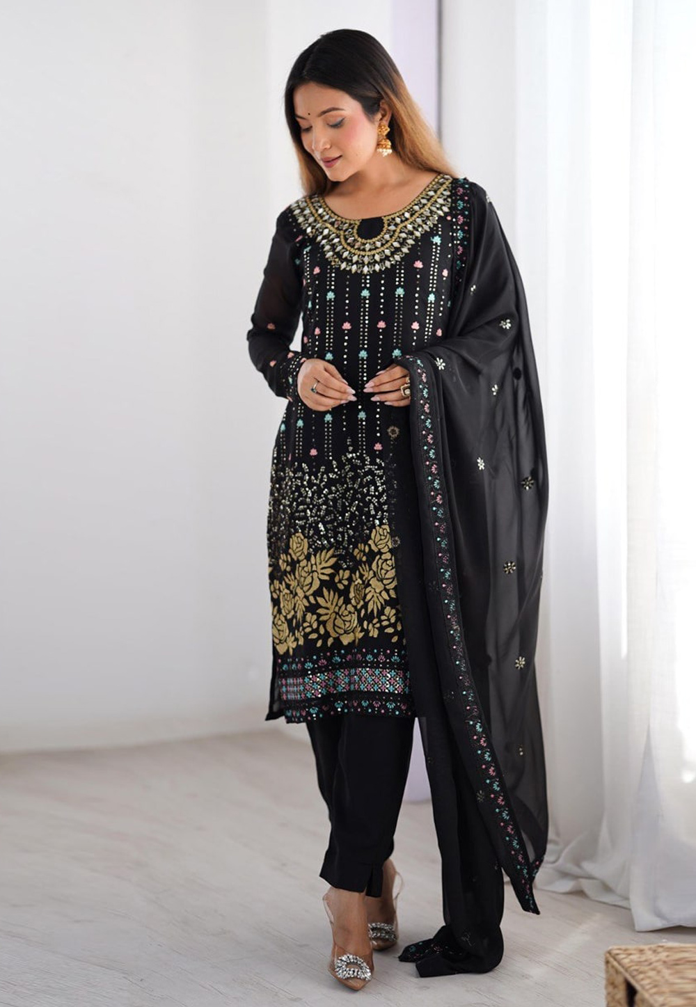 Black Faux Georgette Readymade Pant Style Suit 311174