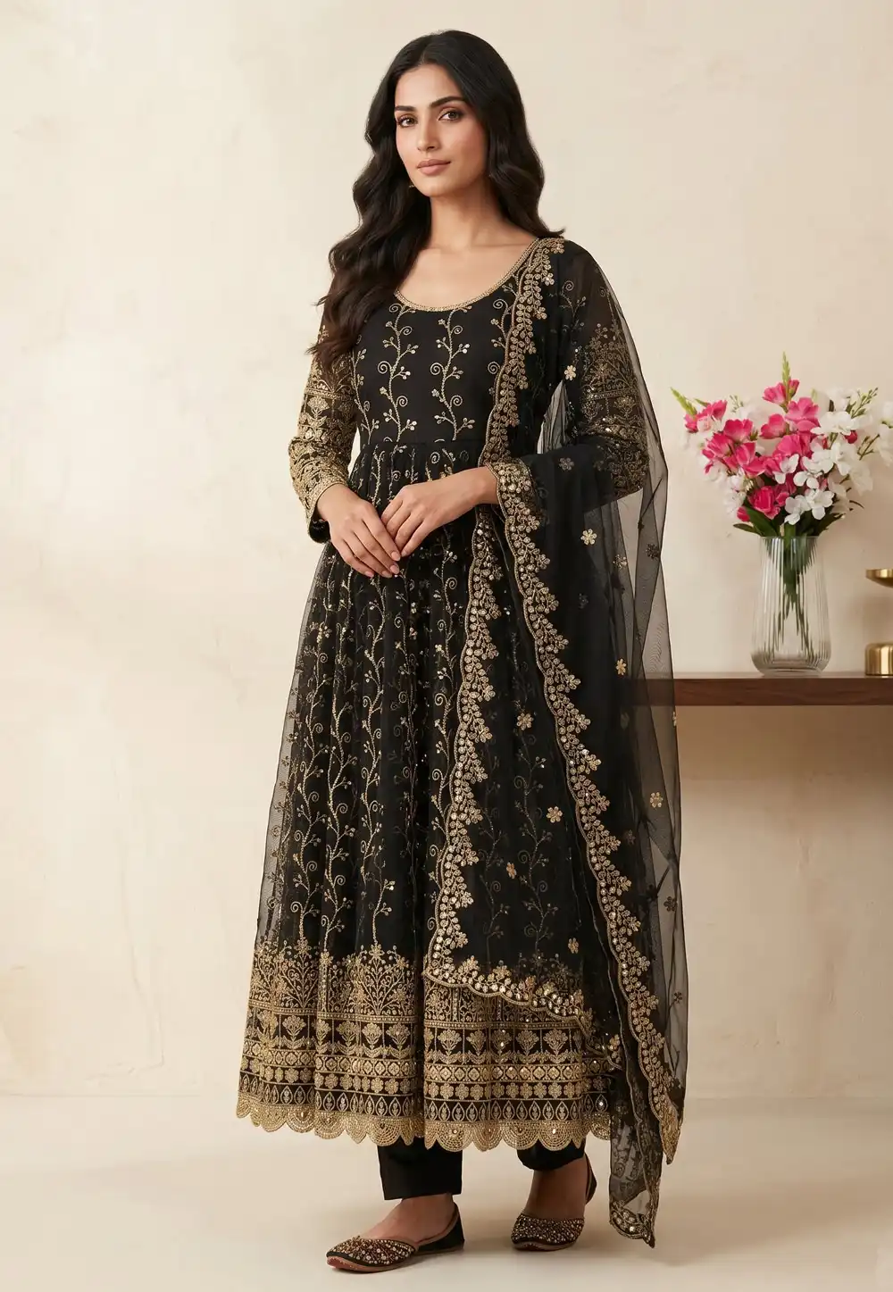 Black Faux Georgette Readymade Pant Style Suit 330709