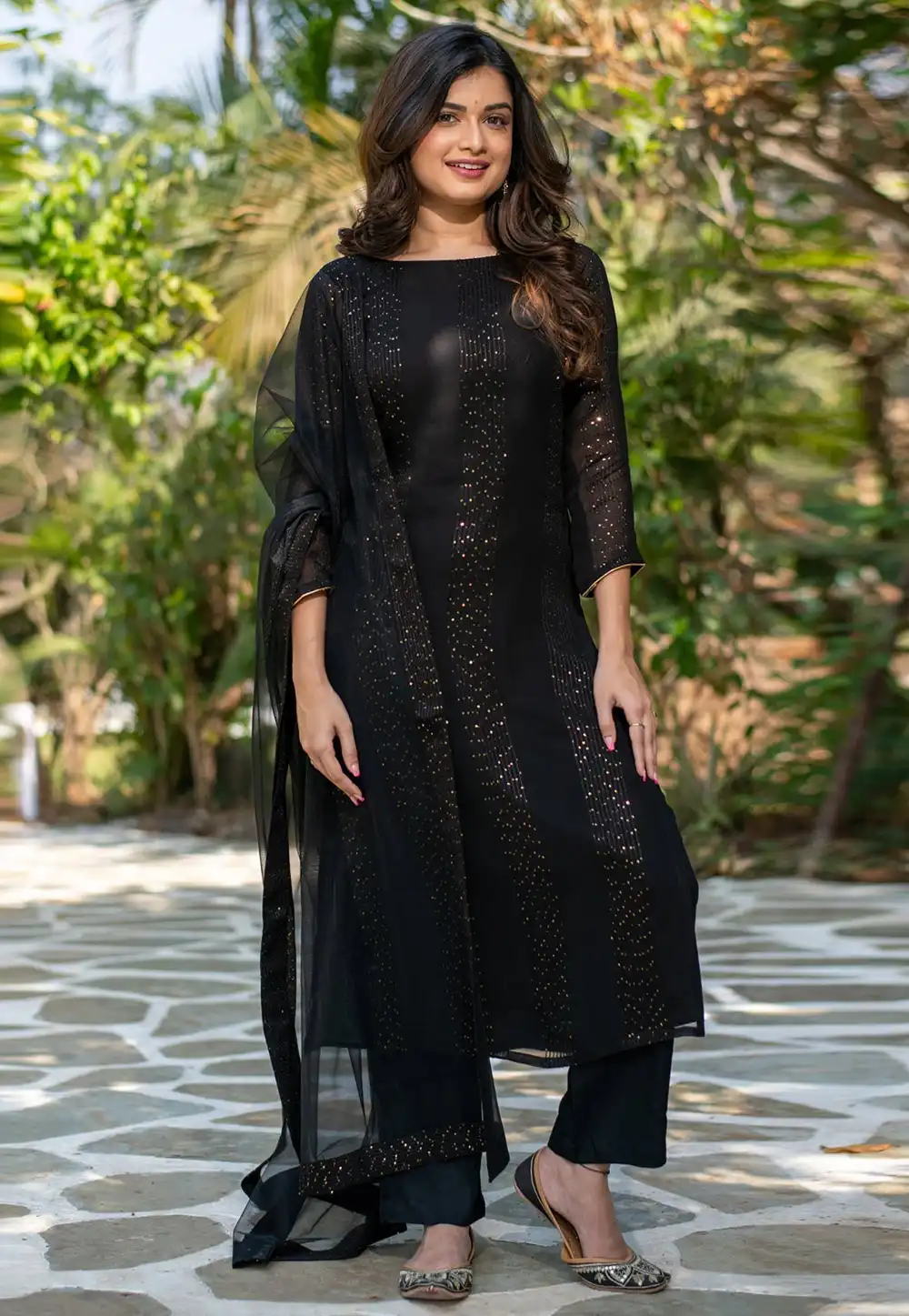 Black Faux Georgette Readymade Pant Style Suit 317383