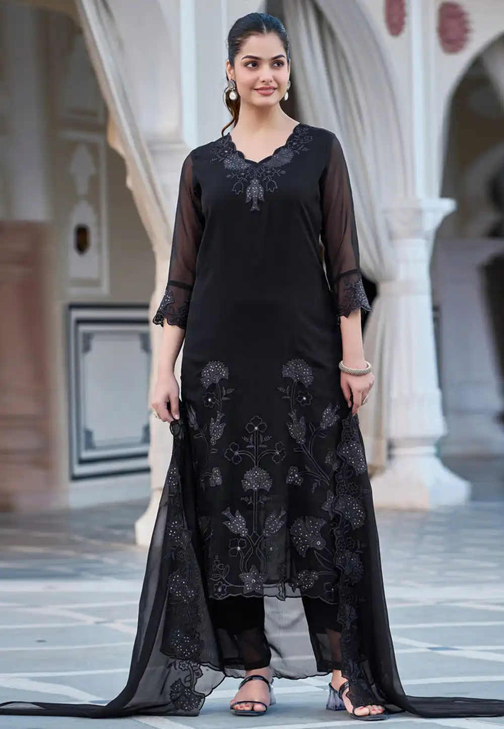 Black Faux Georgette Readymade Pant Style Suit 317389