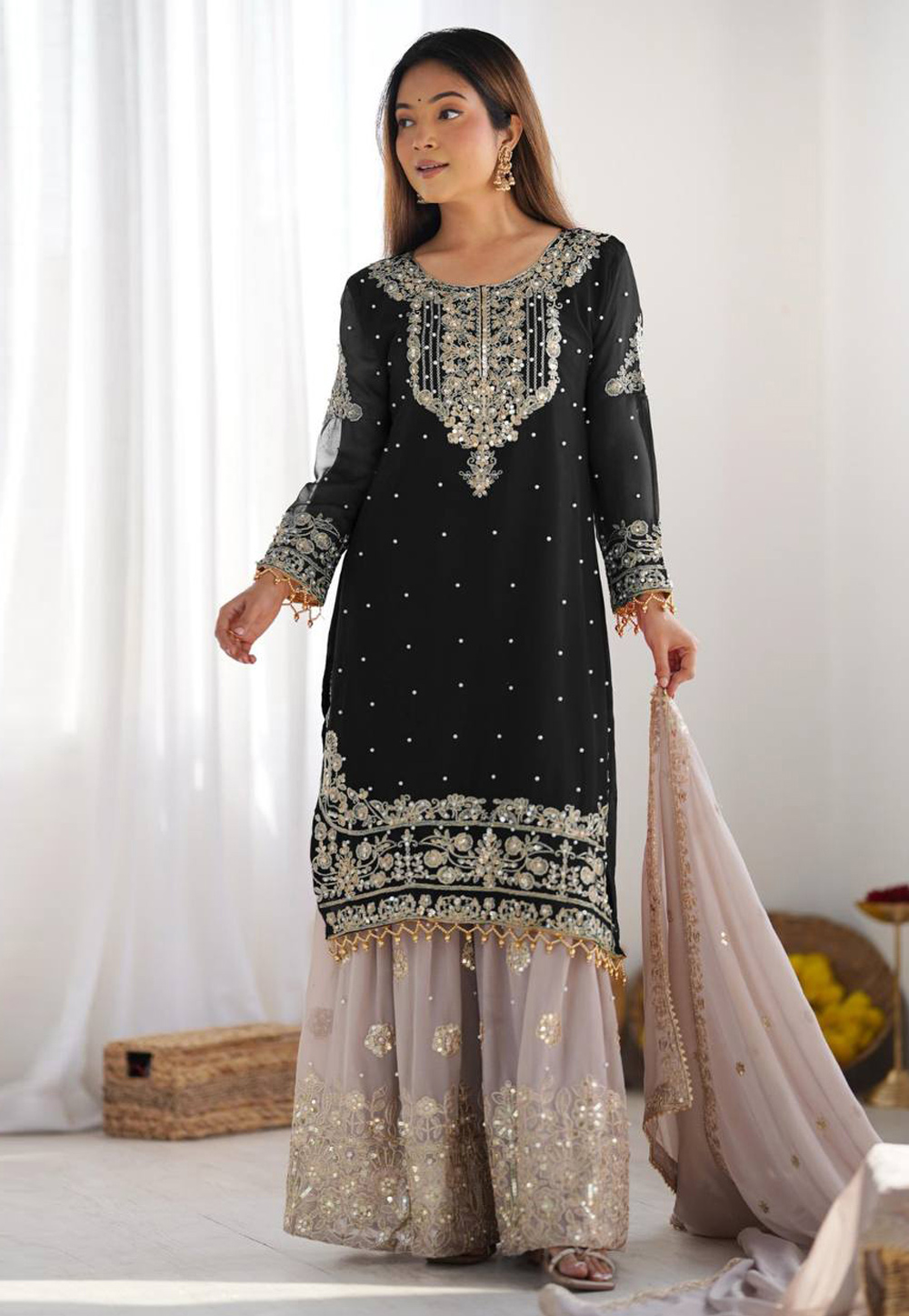 Black Faux Georgette Readymade Sharara Suit 310504