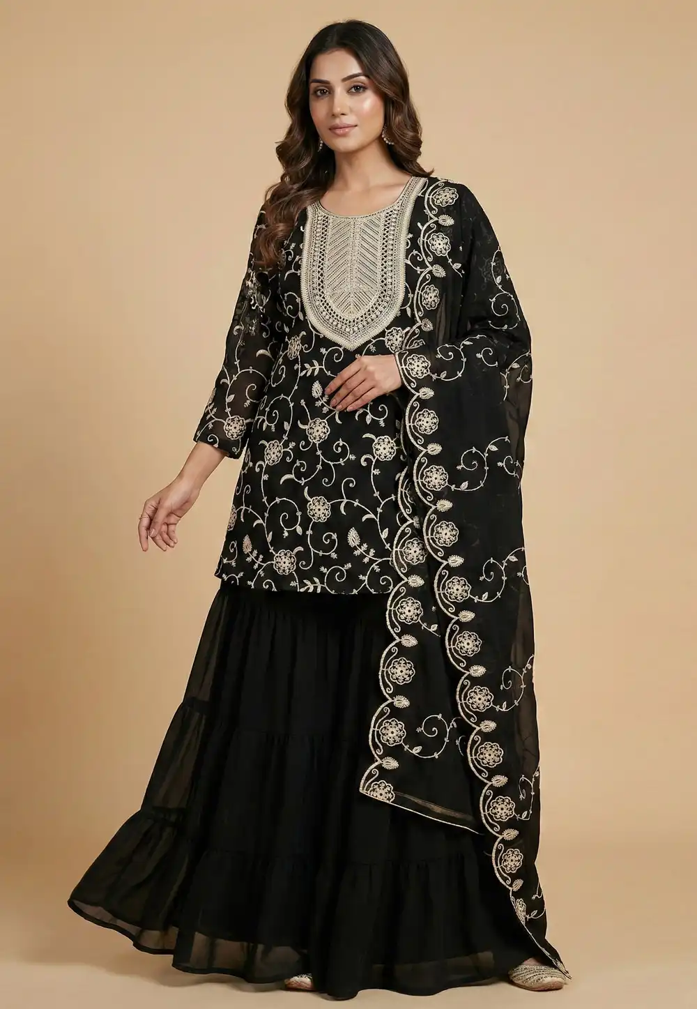 Black Faux Georgette Readymade Sharara Suit 323819