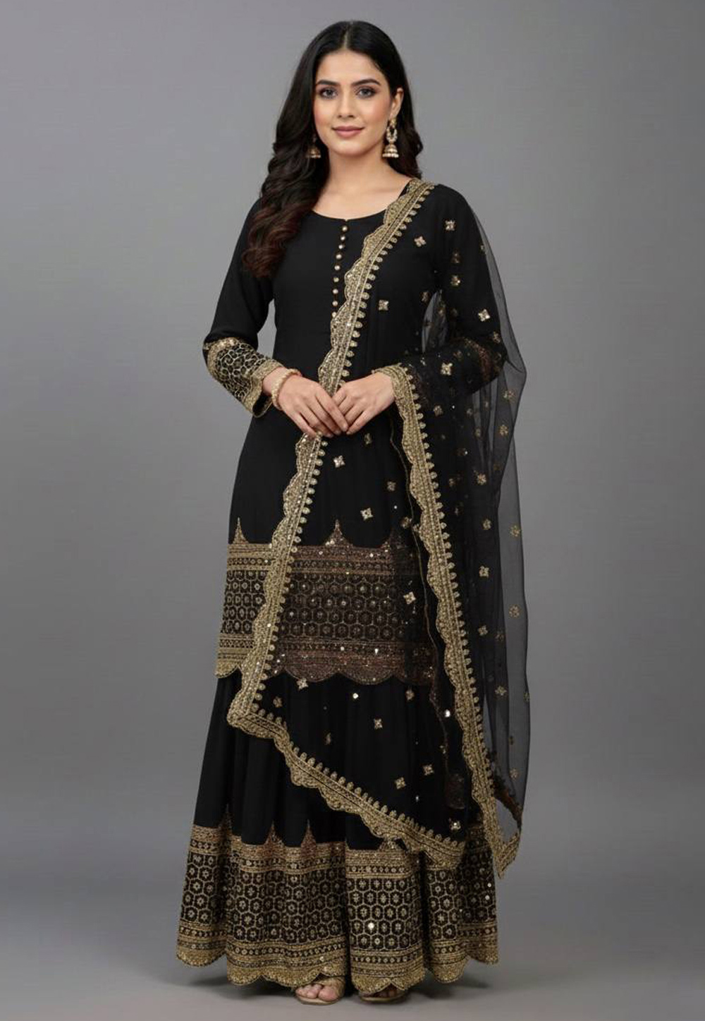 Black Faux Georgette Readymade Sharara Suit 322765