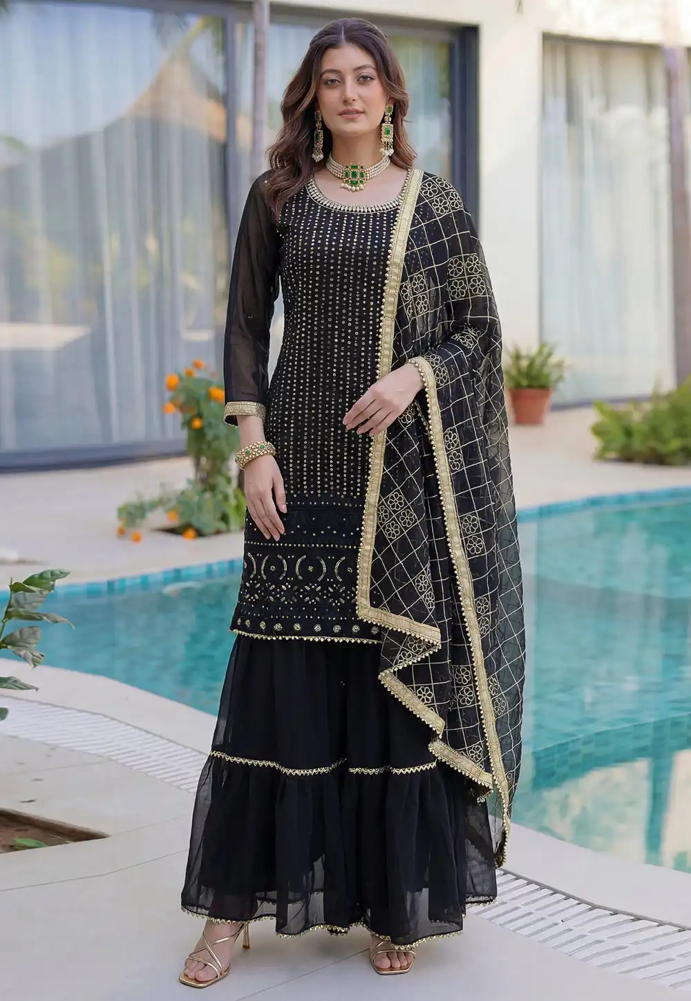 Black Faux Georgette Readymade Sharara Suit 327997