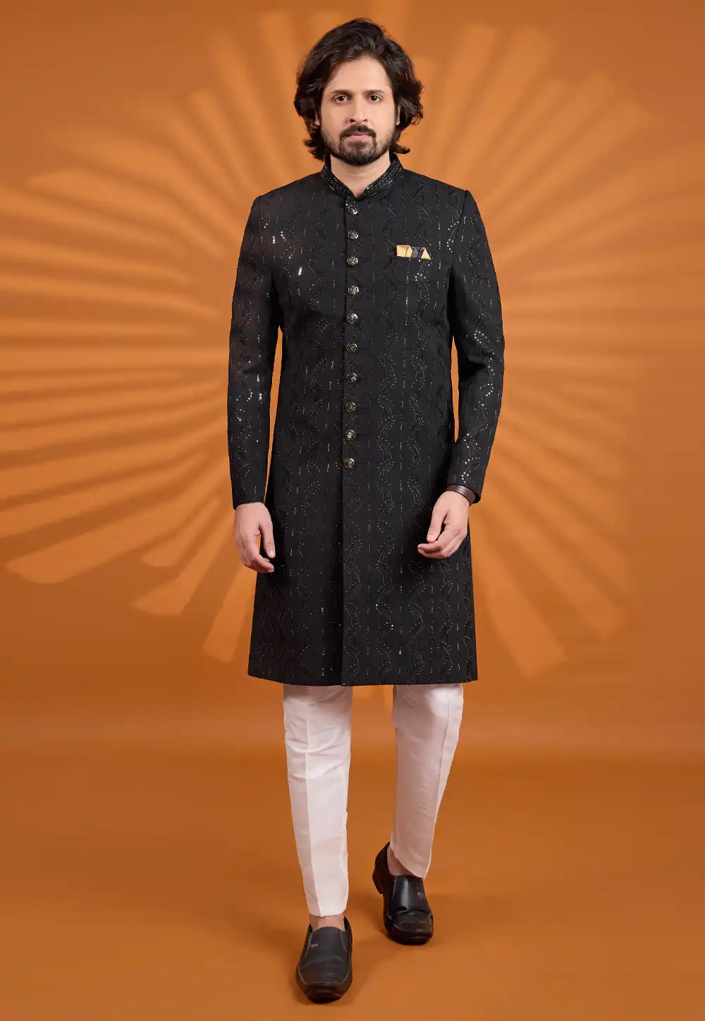 Black Georgette Achkan Style Sherwani 330260