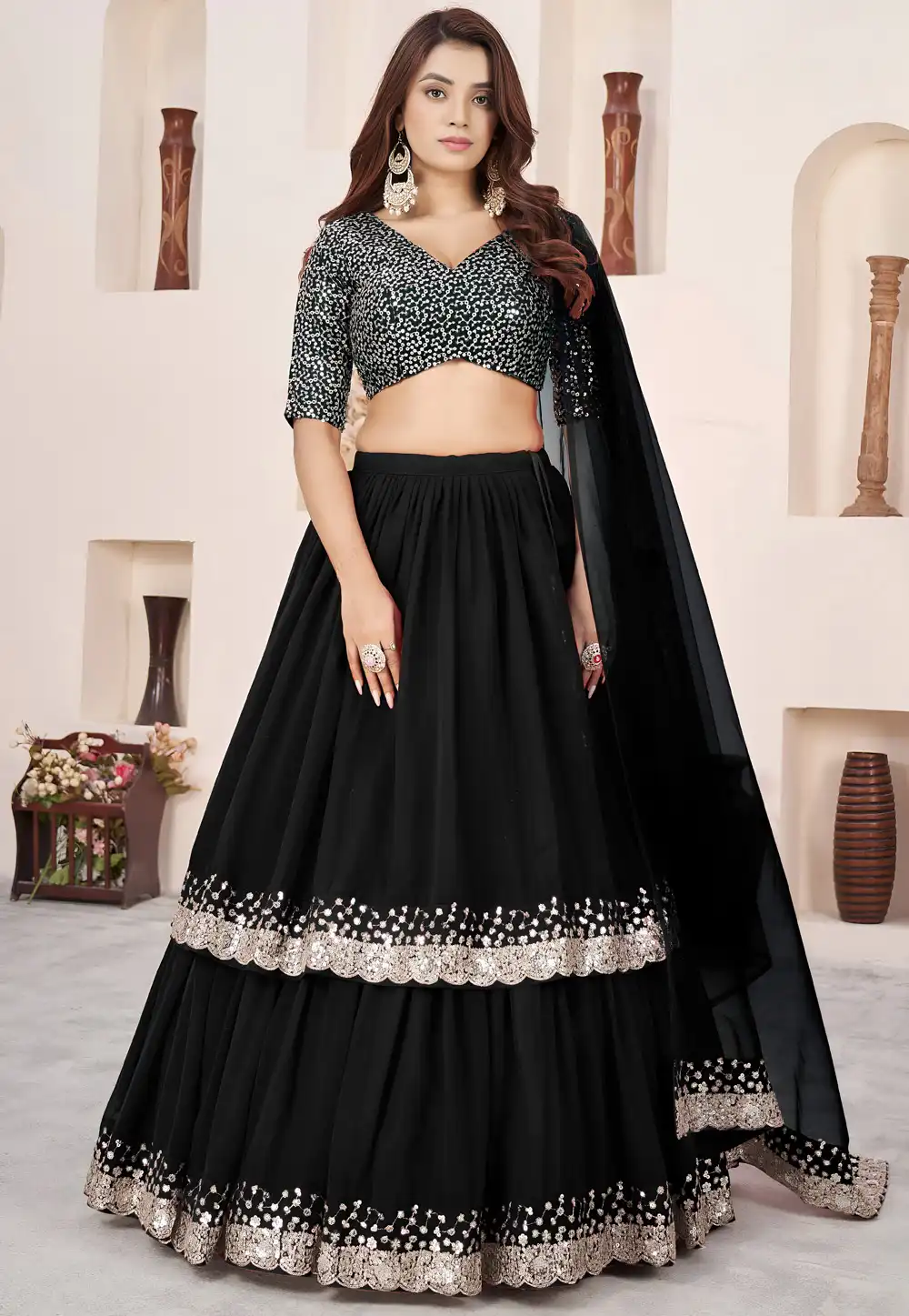Black Georgette Circular Lehenga Choli 323083