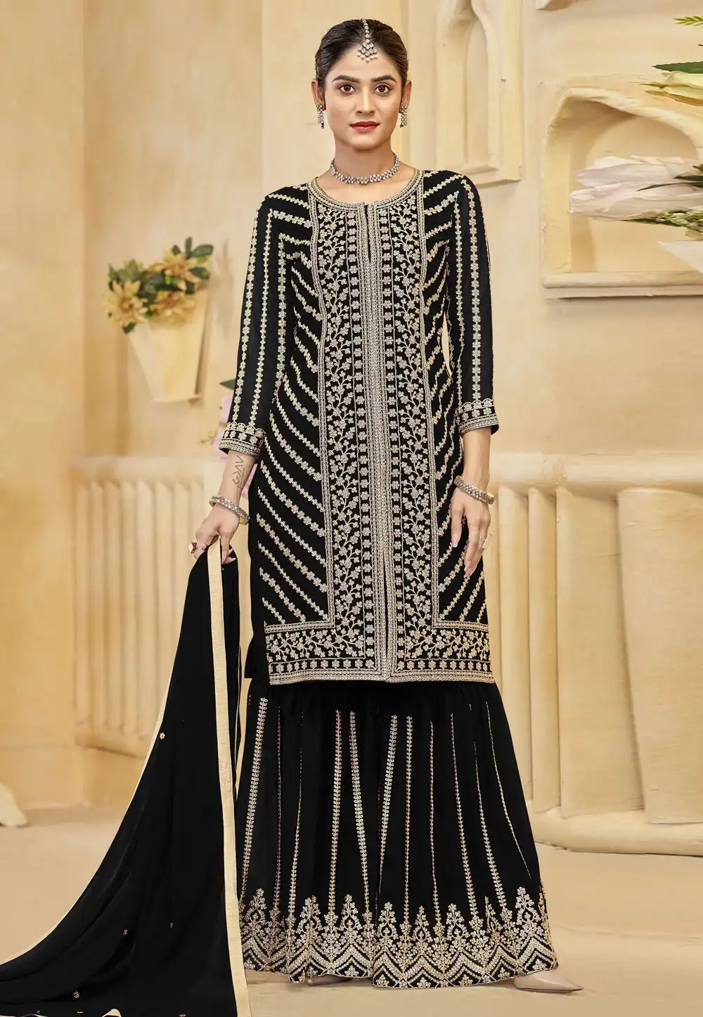 Black Georgette Embroidered Gharara Suit 330662
