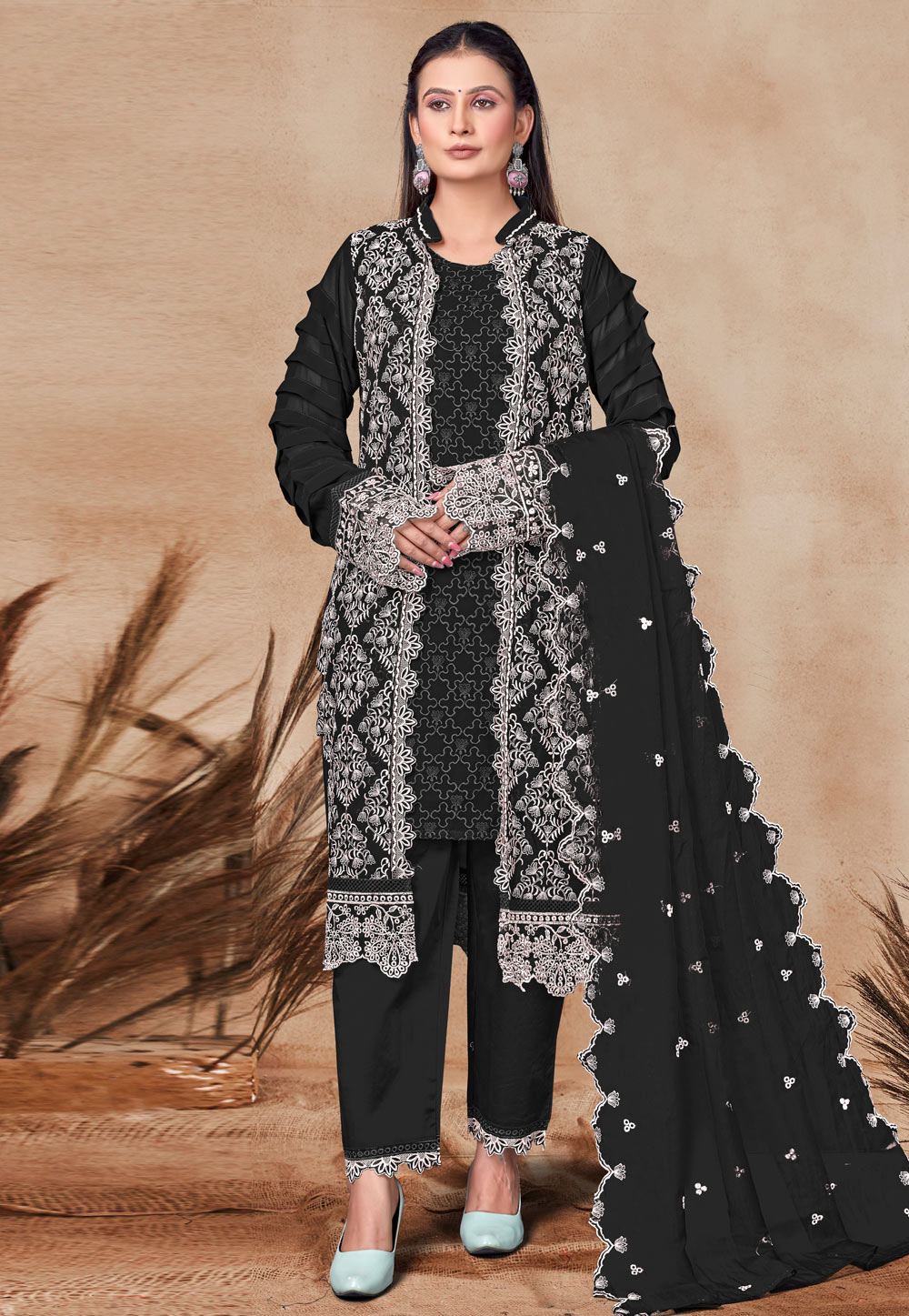 Black Georgette Embroidered Jacket Style Suit 307483