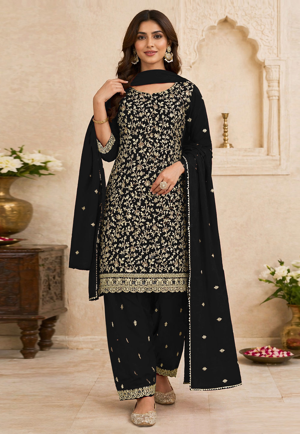 Black Georgette Embroidered Palazzo Suit 330381