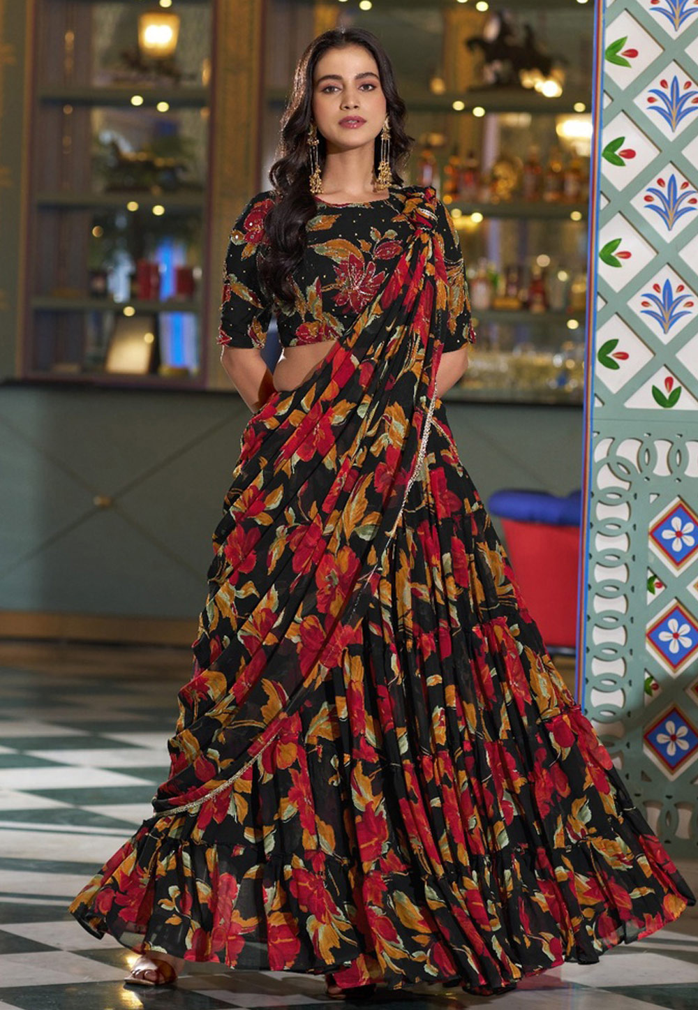 Black Georgette Floral print Lehenga Choli 329064