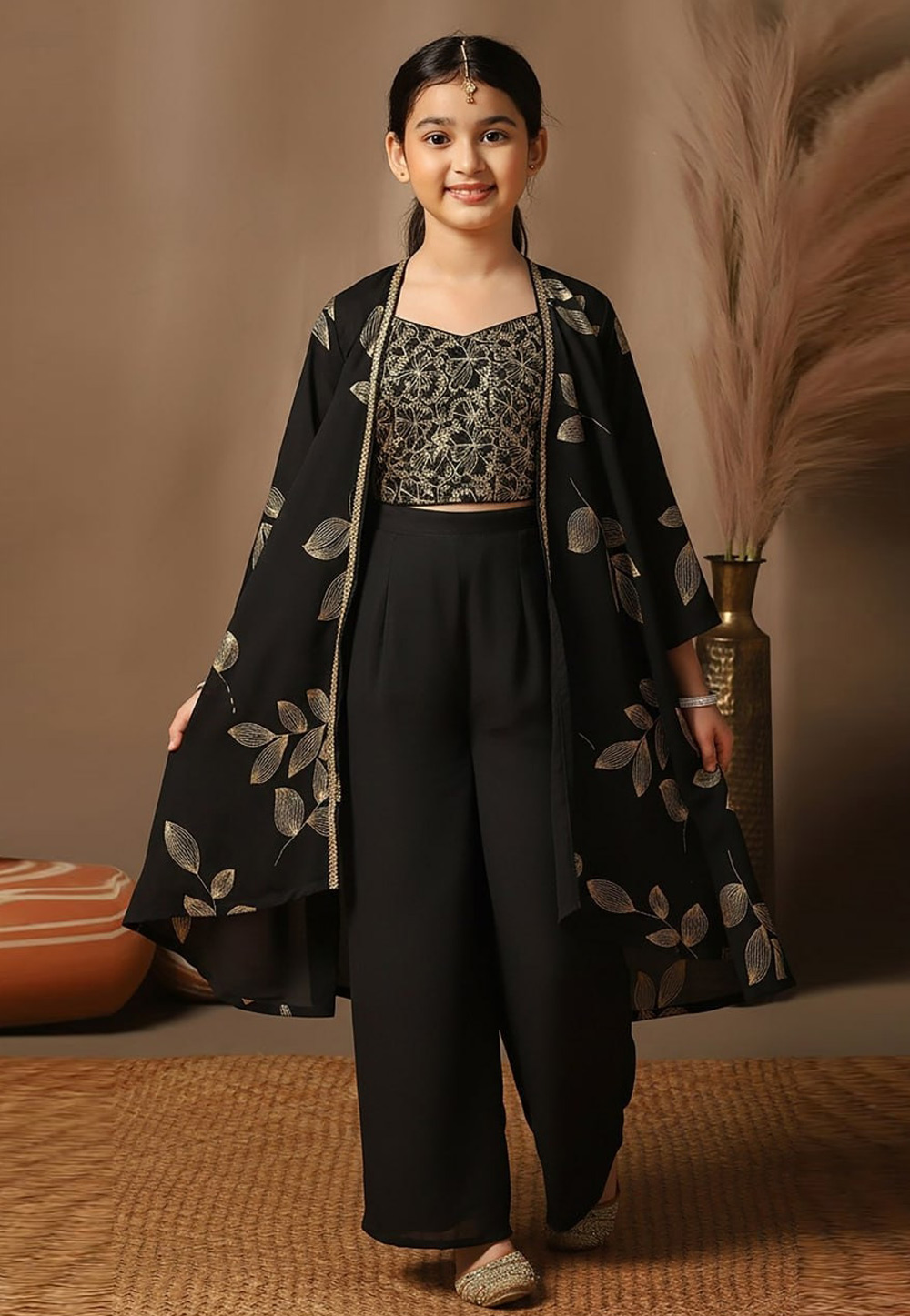 Black Georgette Kids Palazzo With Crop Top 322076