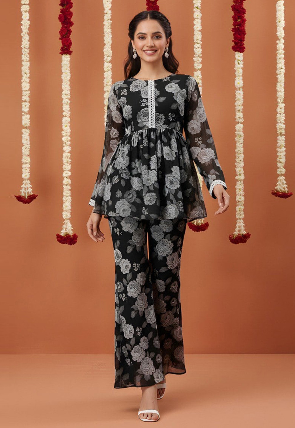 Black Georgette Kurta Set With Sharara 321947