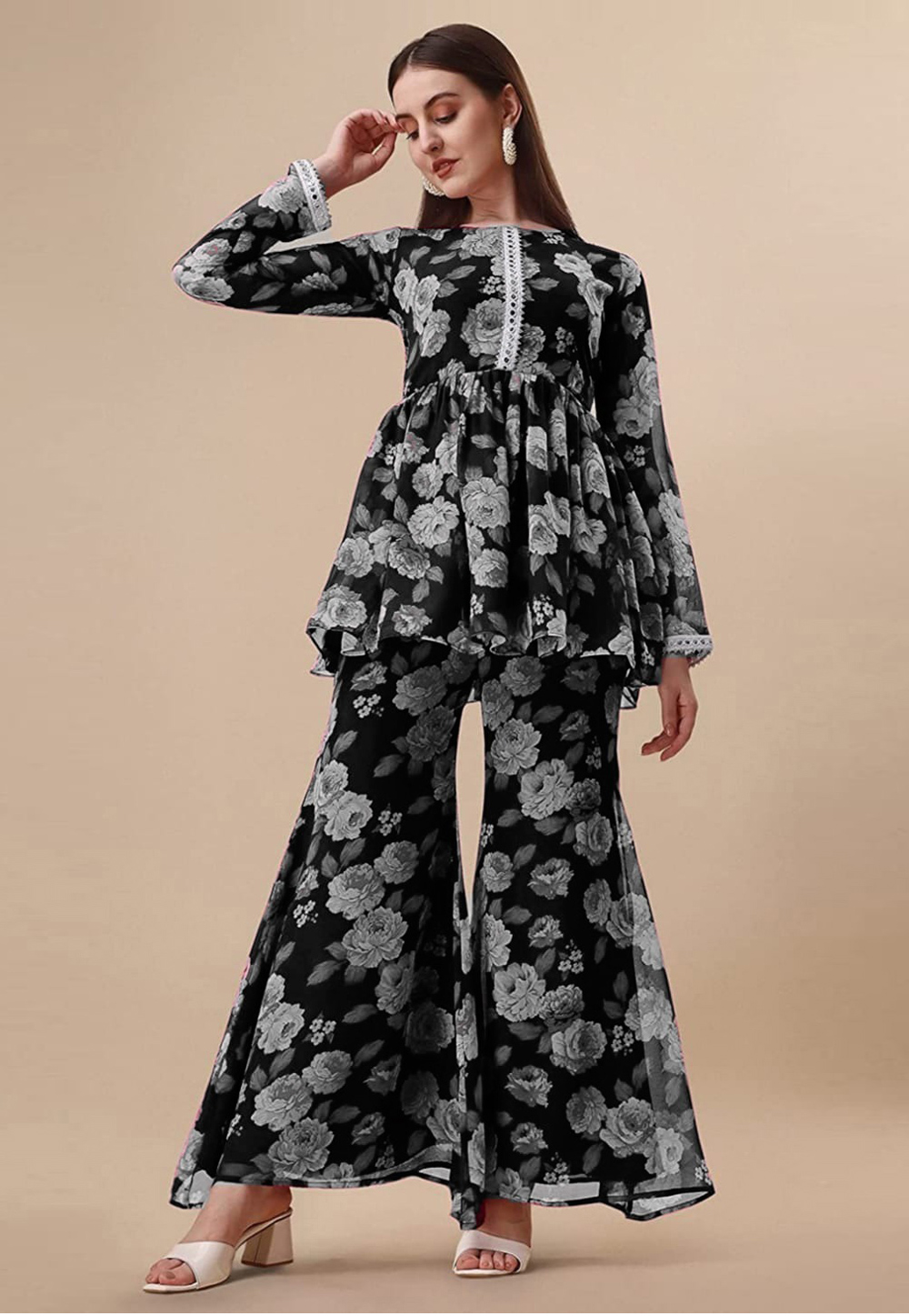 Black Georgette Kurta Set With Sharara 284029