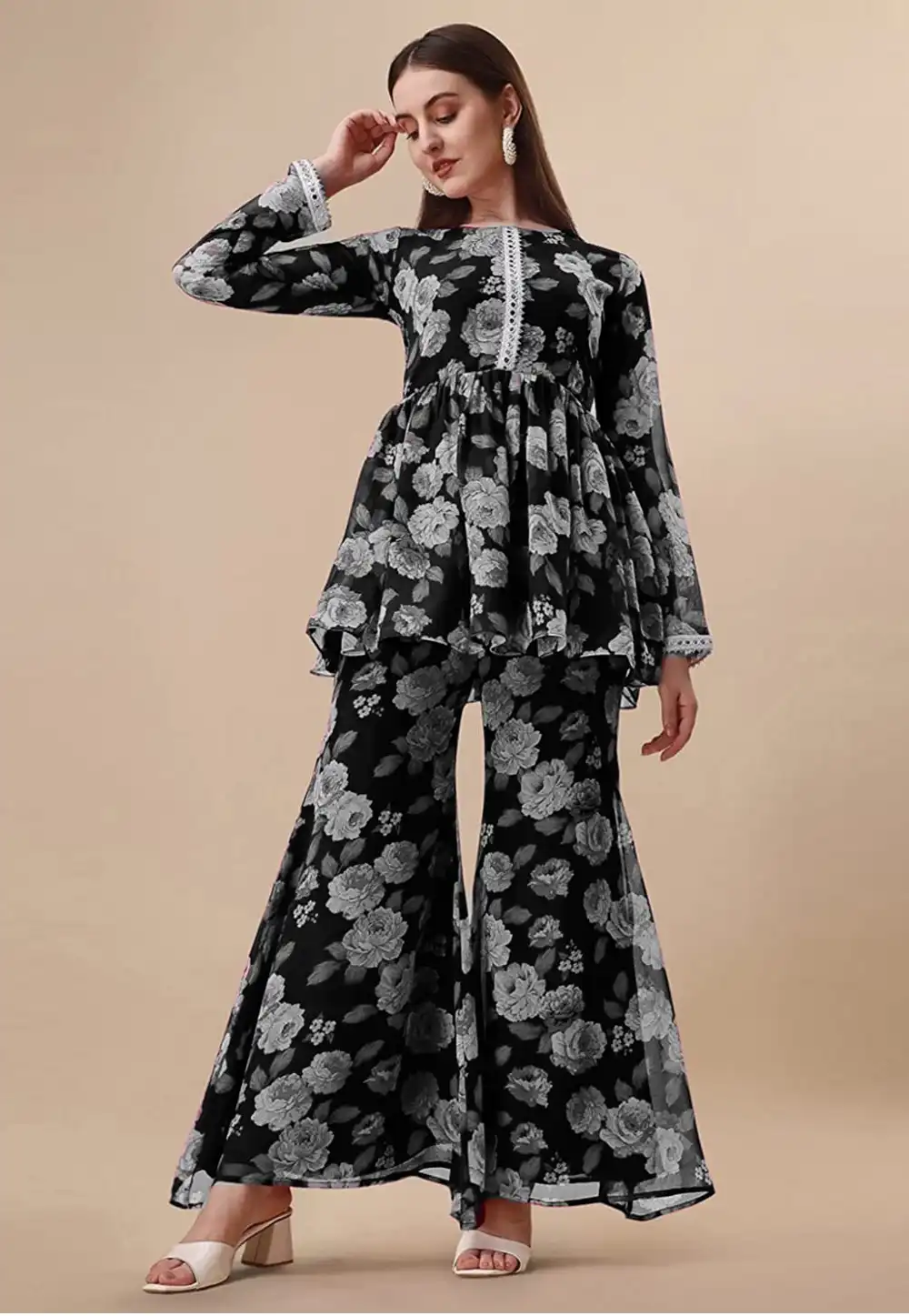 Black Georgette Kurta Set With Sharara 284029