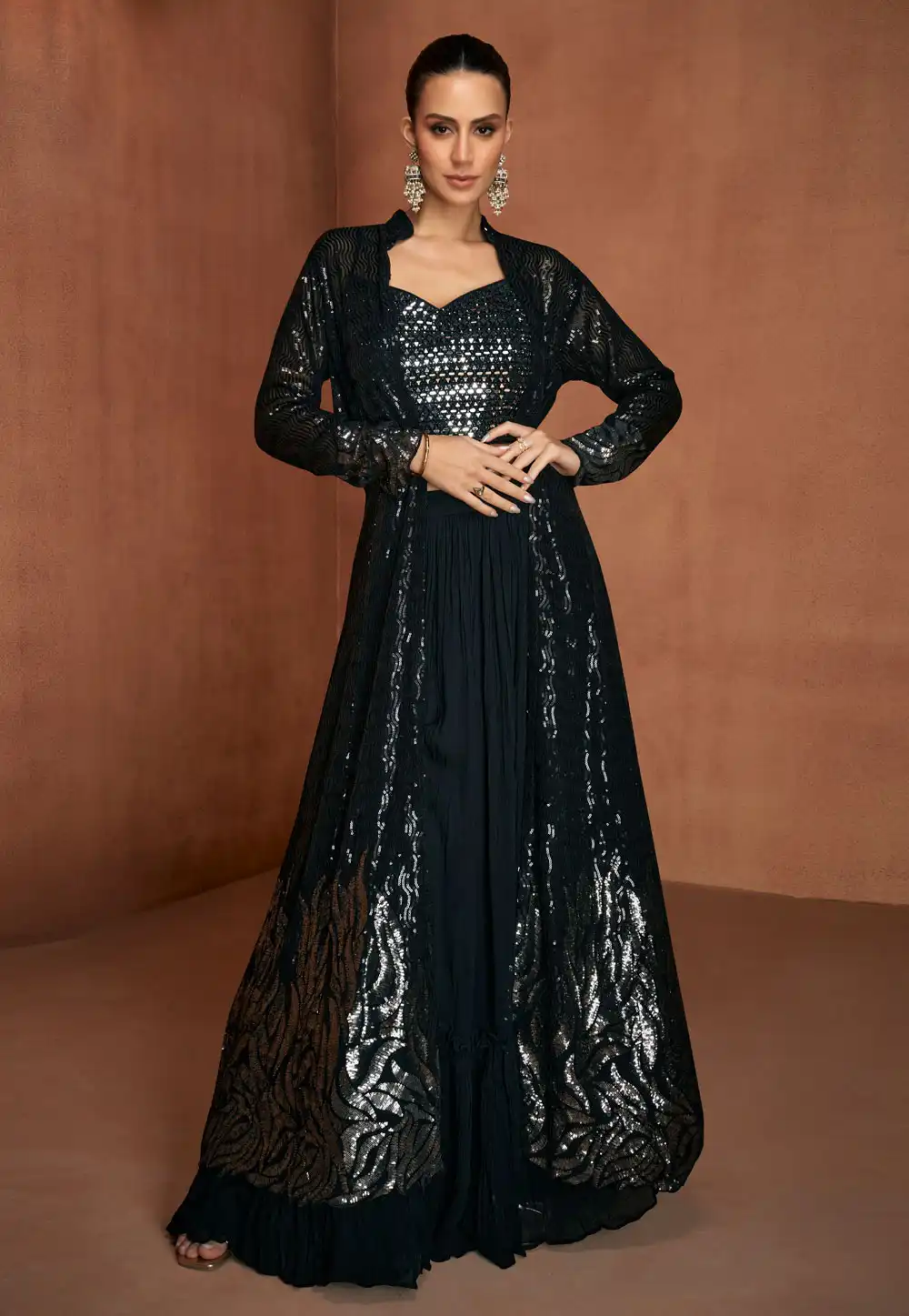 Black Georgette Palazzo With Crop Top 325302