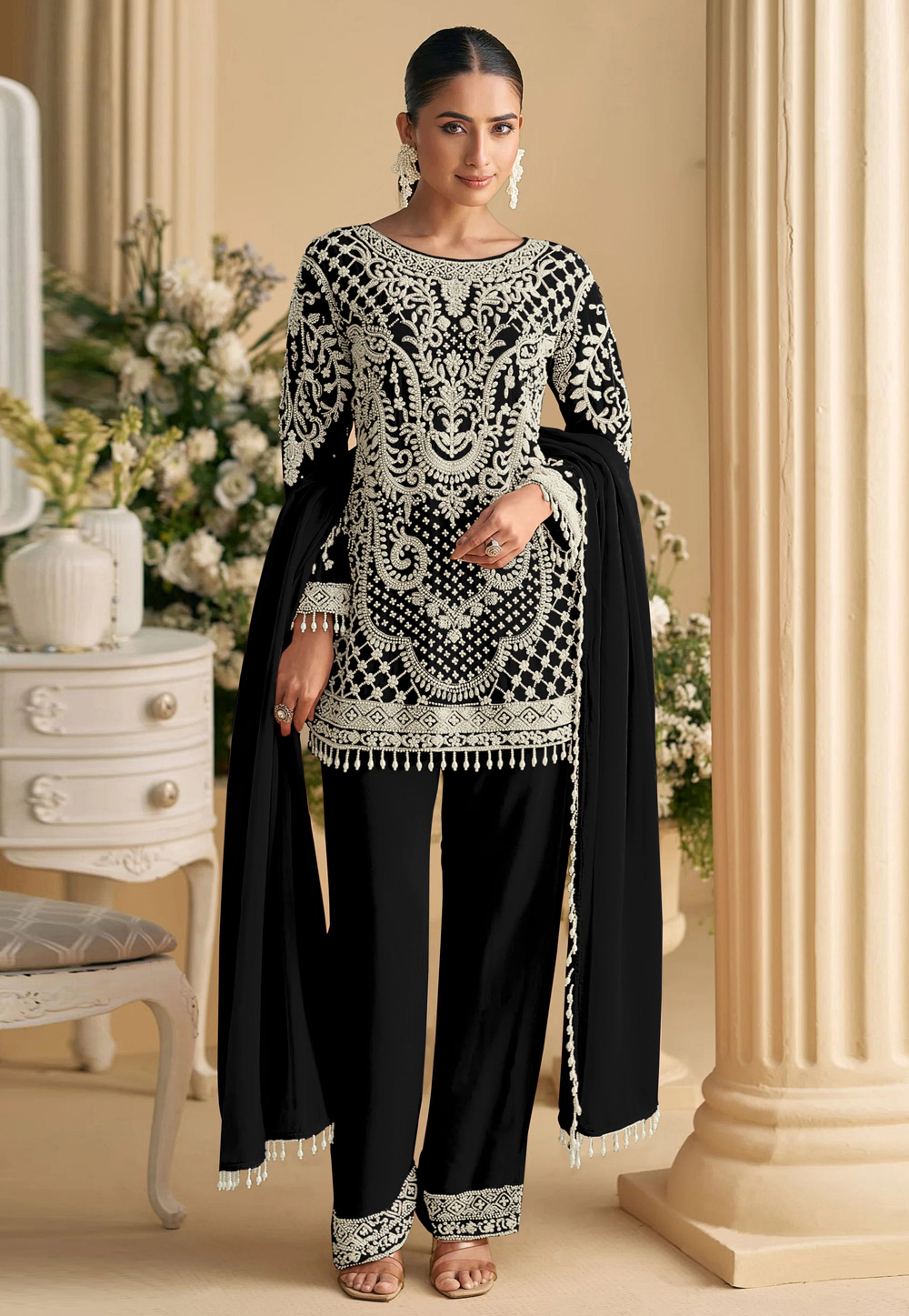 Black Georgette Pant Style Suit 320059
