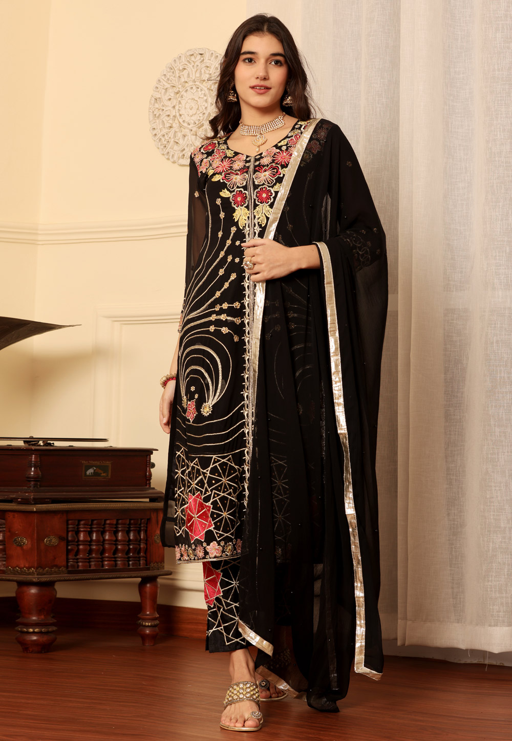 Black Georgette Pant Style Suit 284390