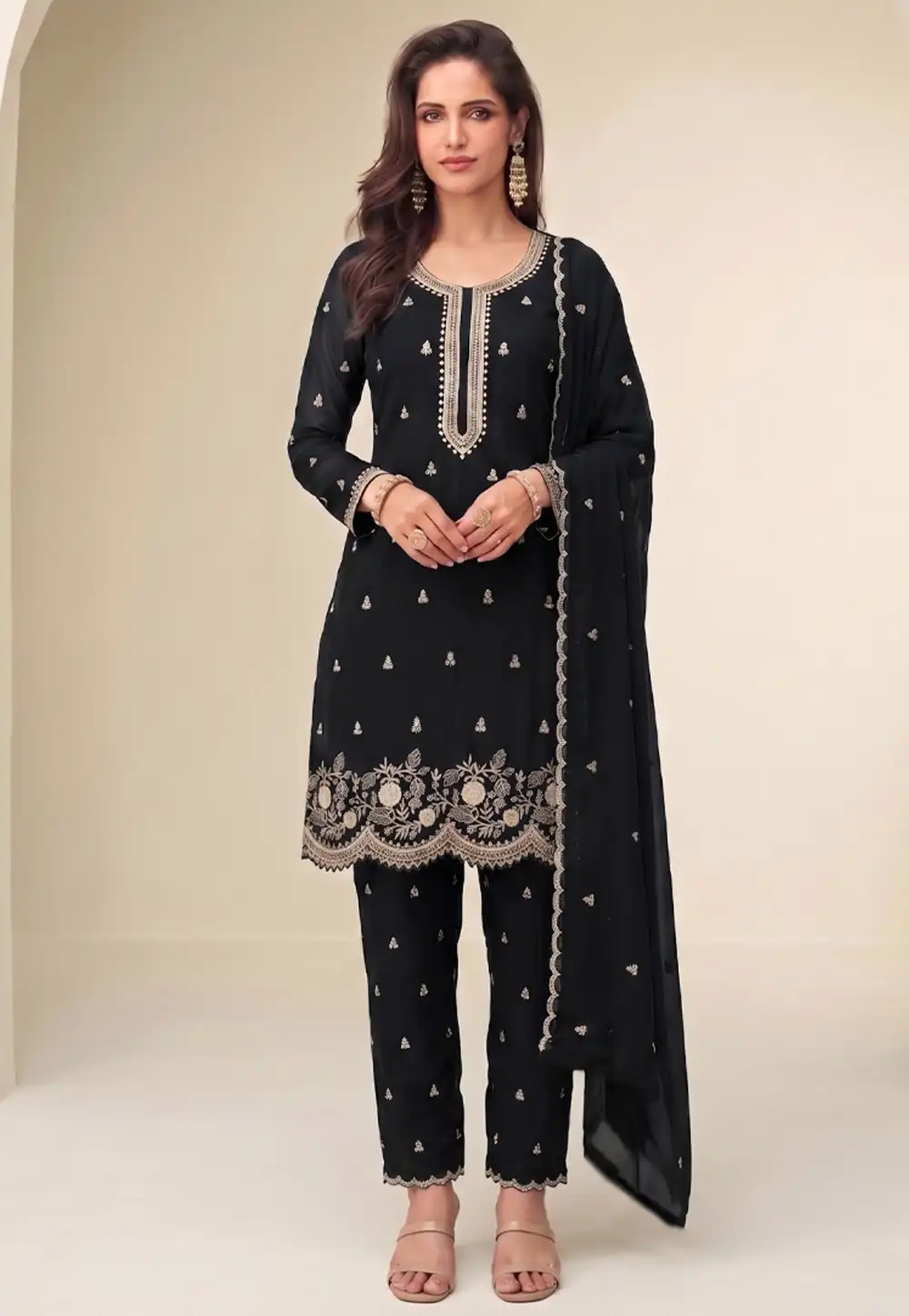 Black Georgette Pant Style Suit 329787