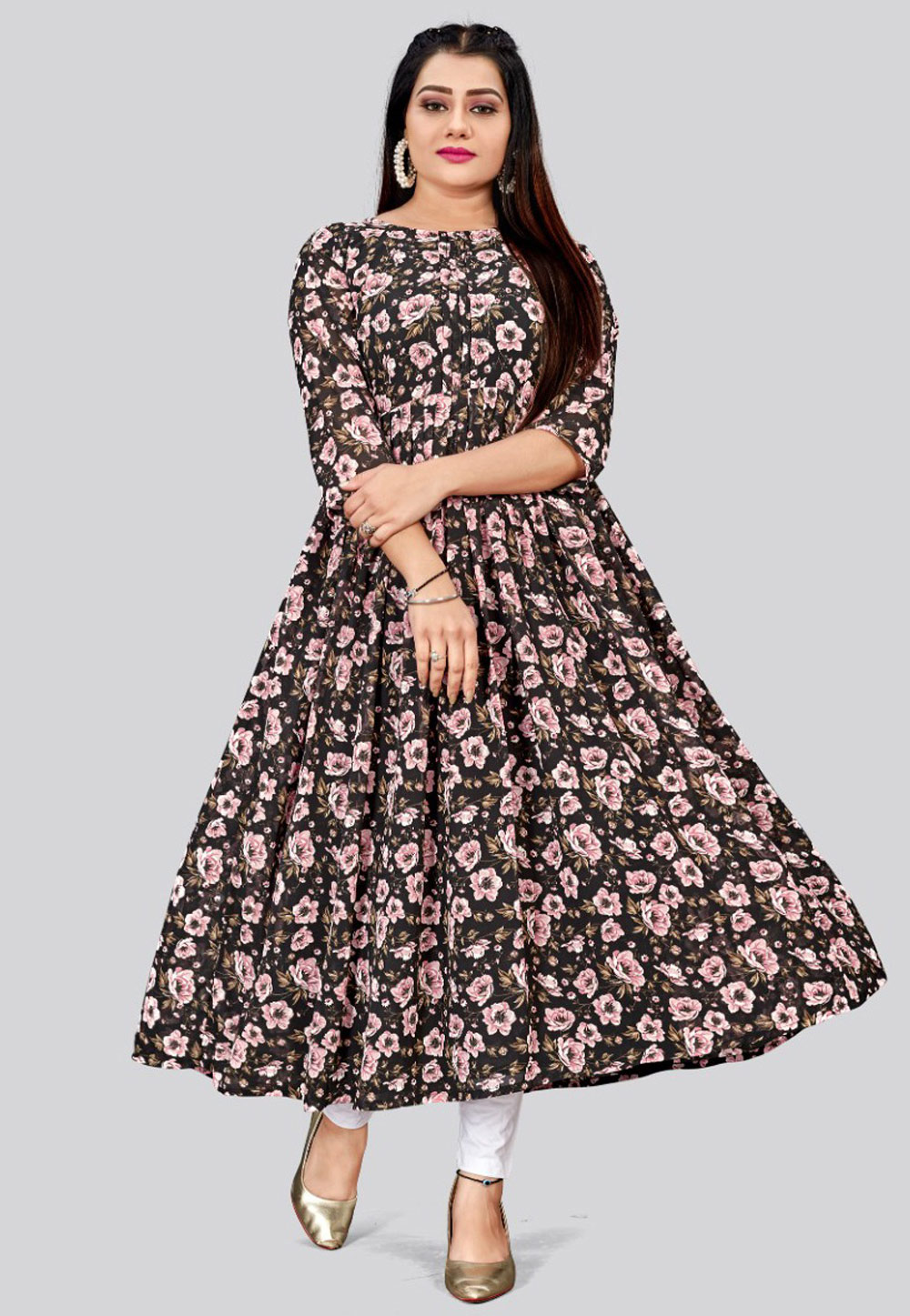 Black Georgette Printed Long Kurti 324093