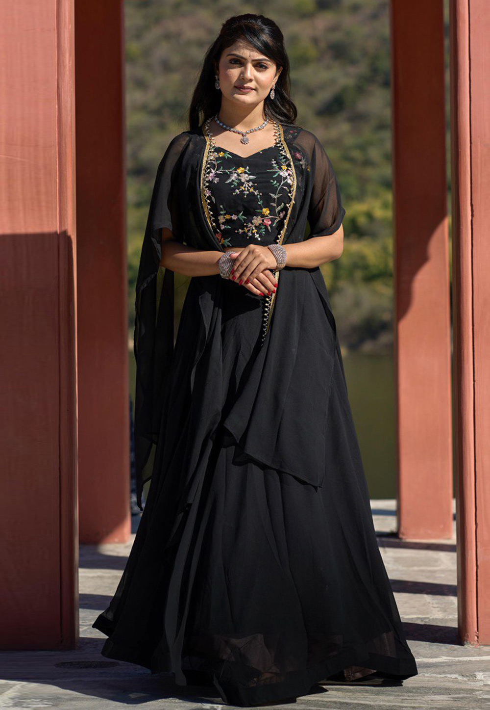 Black Georgette Readymade A Line Lehenga Choli 308940