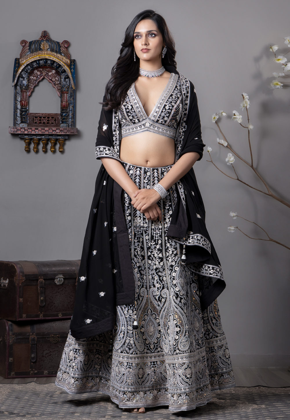 Black Georgette Readymade Lehenga Choli 308147
