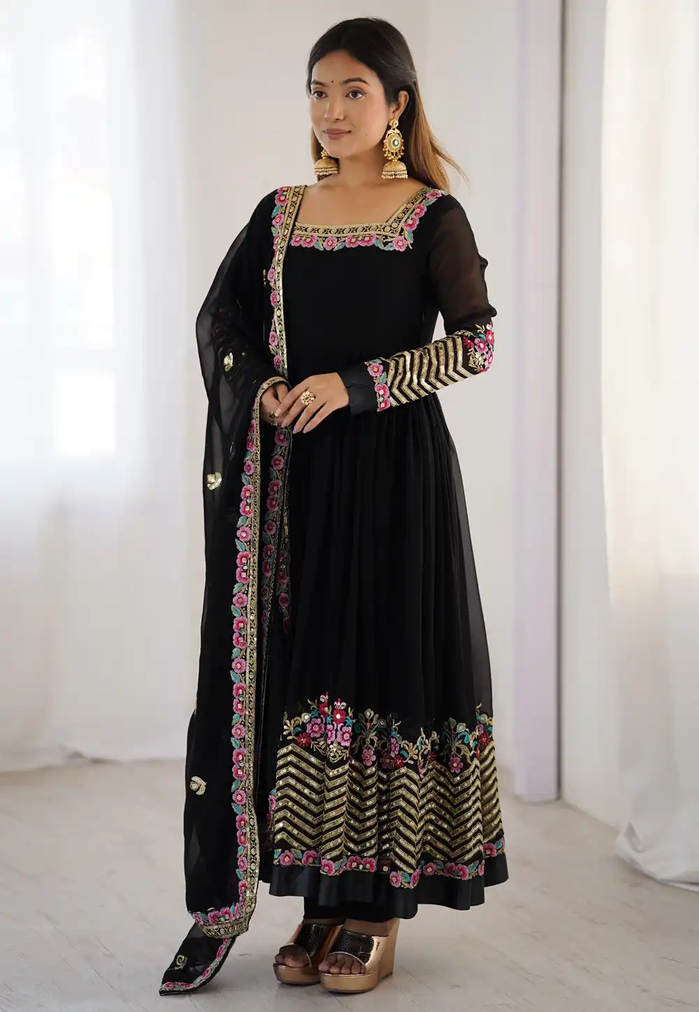 Black Georgette Readymade Long Anarkali Suit 316403