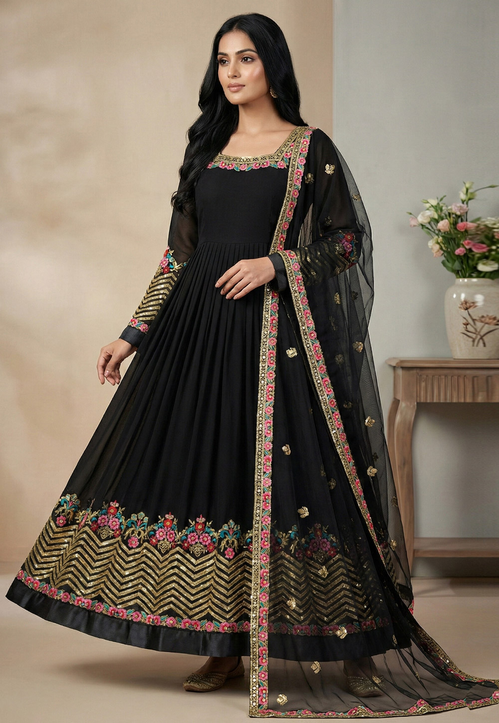 Black Georgette Readymade Long Anarkali Suit 324017