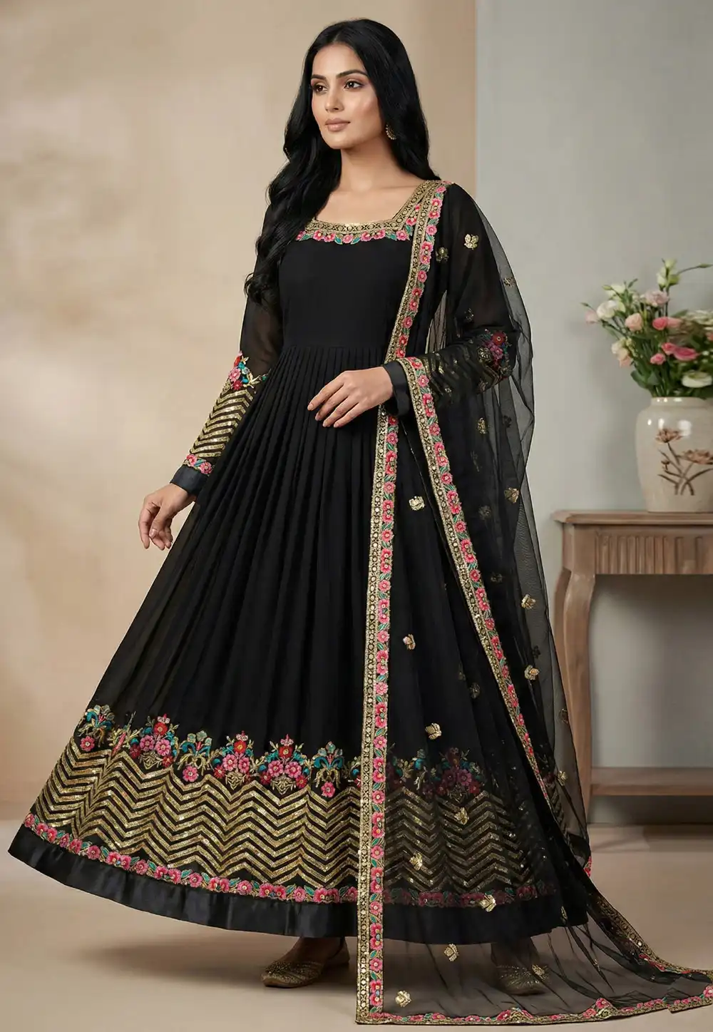 Black Georgette Readymade Long Anarkali Suit 324017