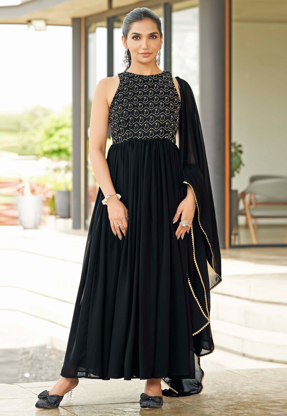 Black Georgette Readymade Long Anarkali Suit 328584