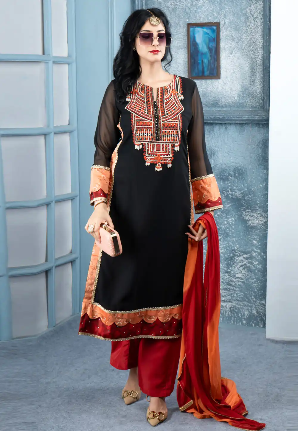 Black Georgette Readymade Palazzo Suit 316655