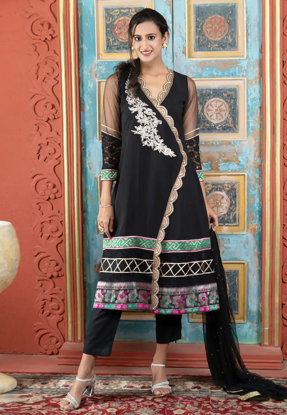 Black Georgette Readymade Pant Style Suit 312995