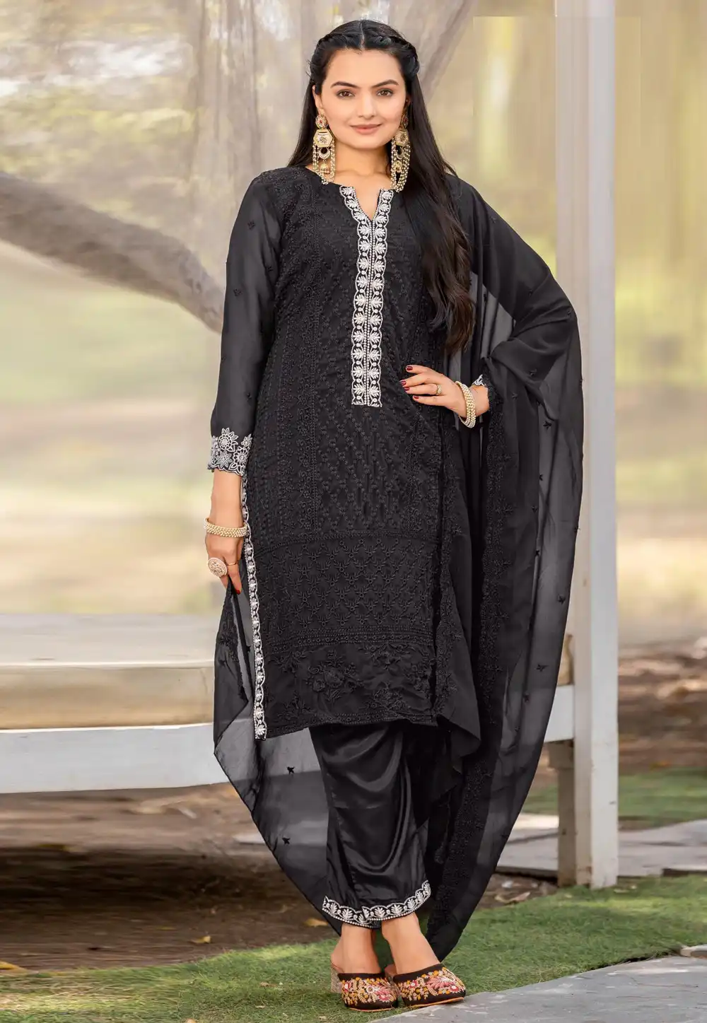 Black Georgette Readymade Pant Style Suit 320778