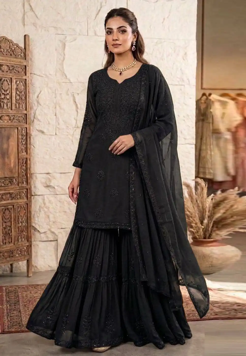 Black Georgette Readymade Sharara Suit 330102
