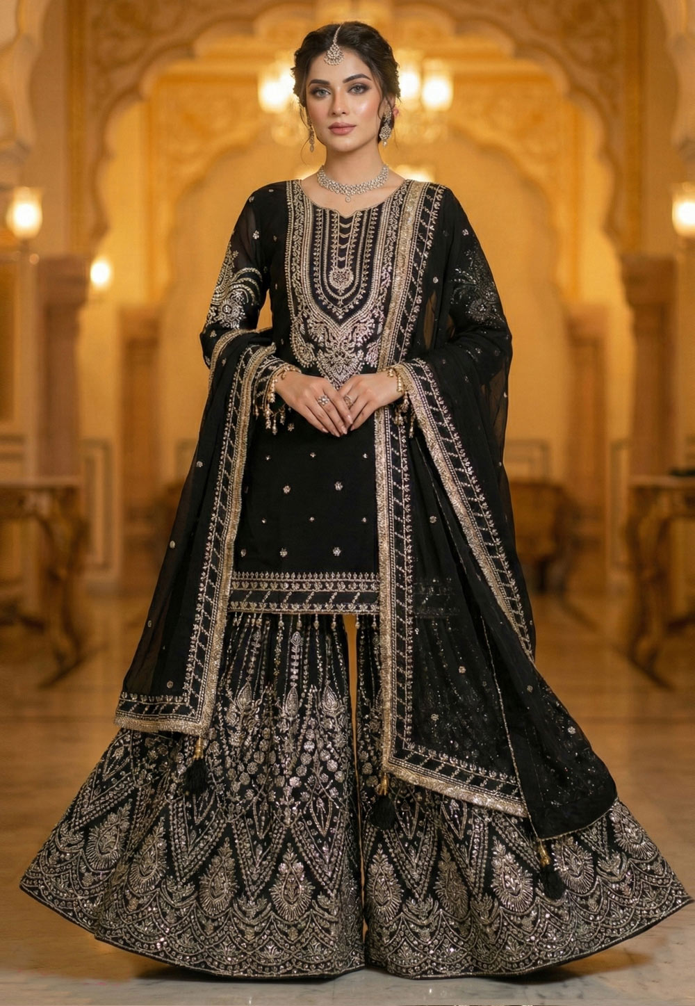 Black Georgette Readymade Sharara Suit 324056