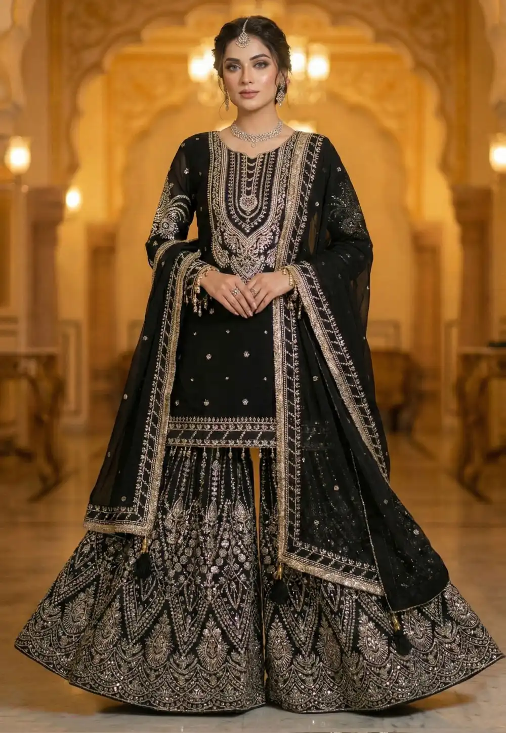 Black Georgette Readymade Sharara Suit 324056