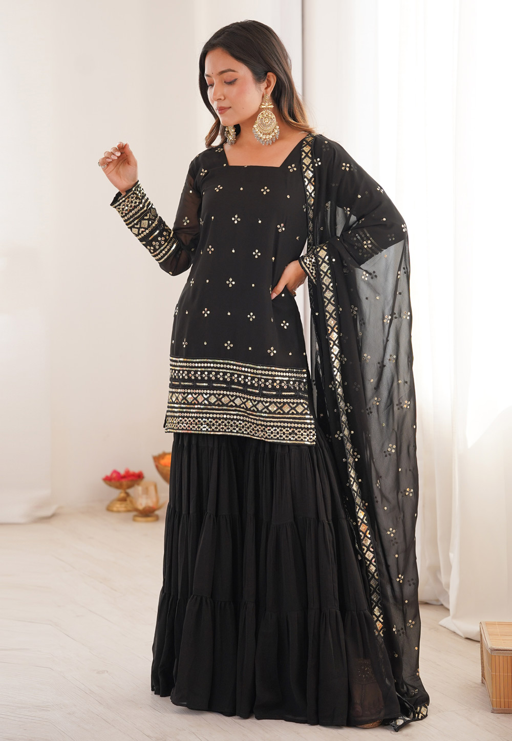 Black Georgette Readymade Sharara Suit 321619