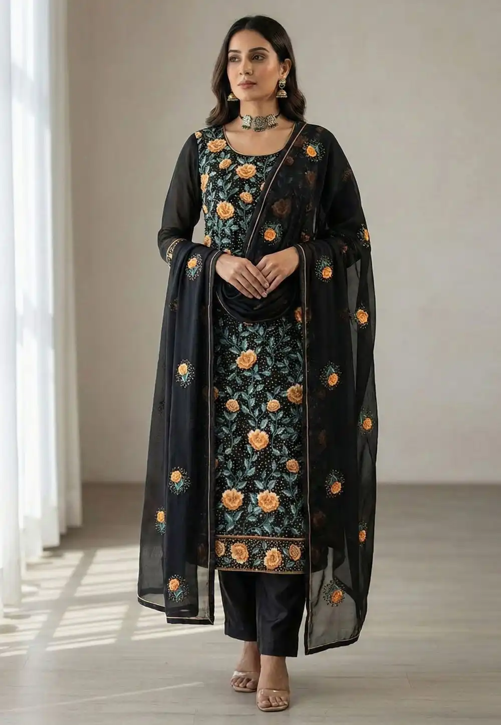 Black Georgette Readymade Straight Suit 322964