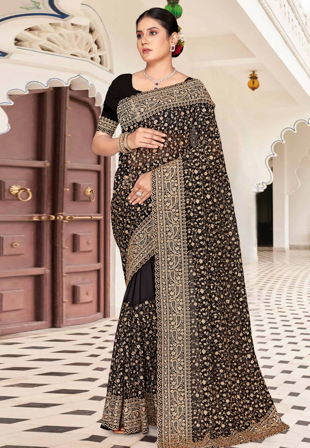 Black Georgette Saree With Blouse 326381