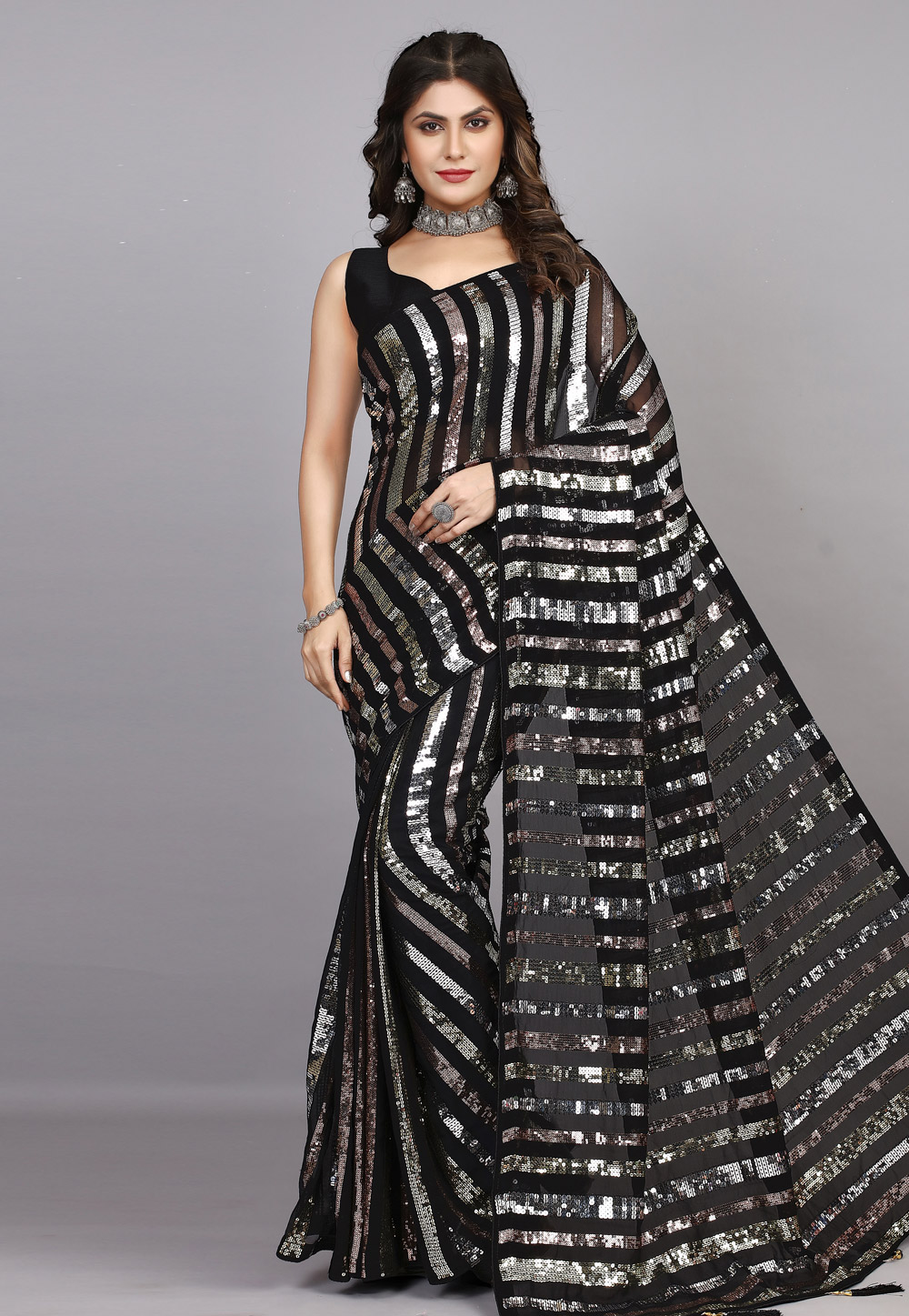 Black Georgette Sequence Saree 278128