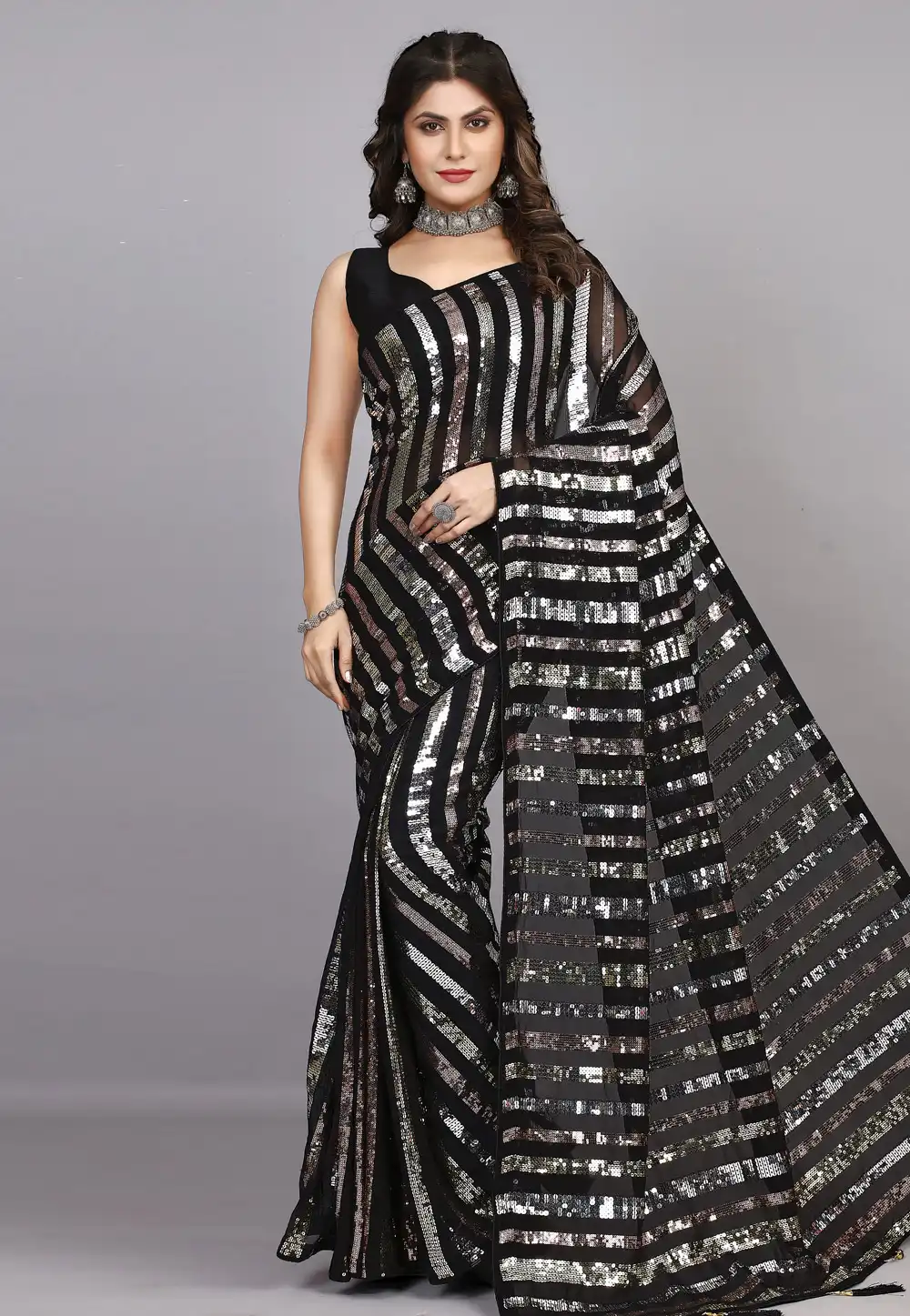 Black Georgette Sequence Saree 278128