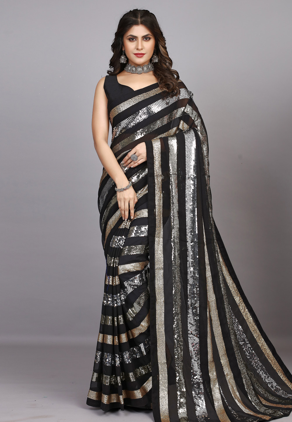 Black Georgette Sequence Saree 278130