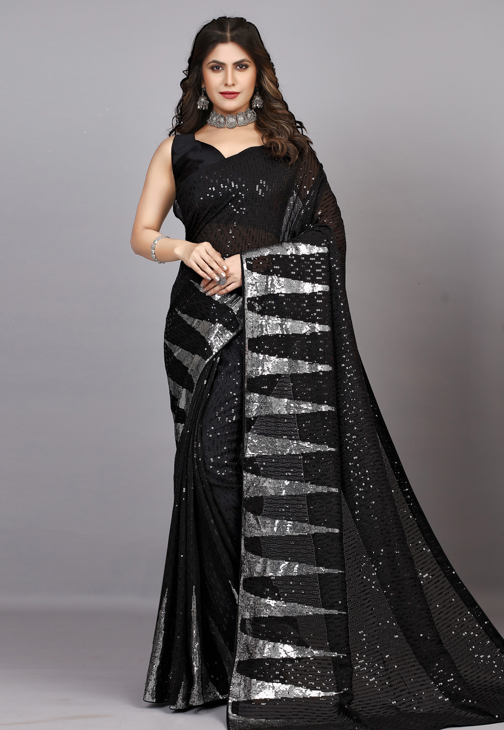 Black Georgette Sequence Saree 278132