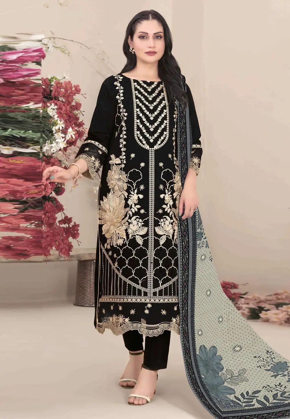 Black Georgette Straight Suit 334238