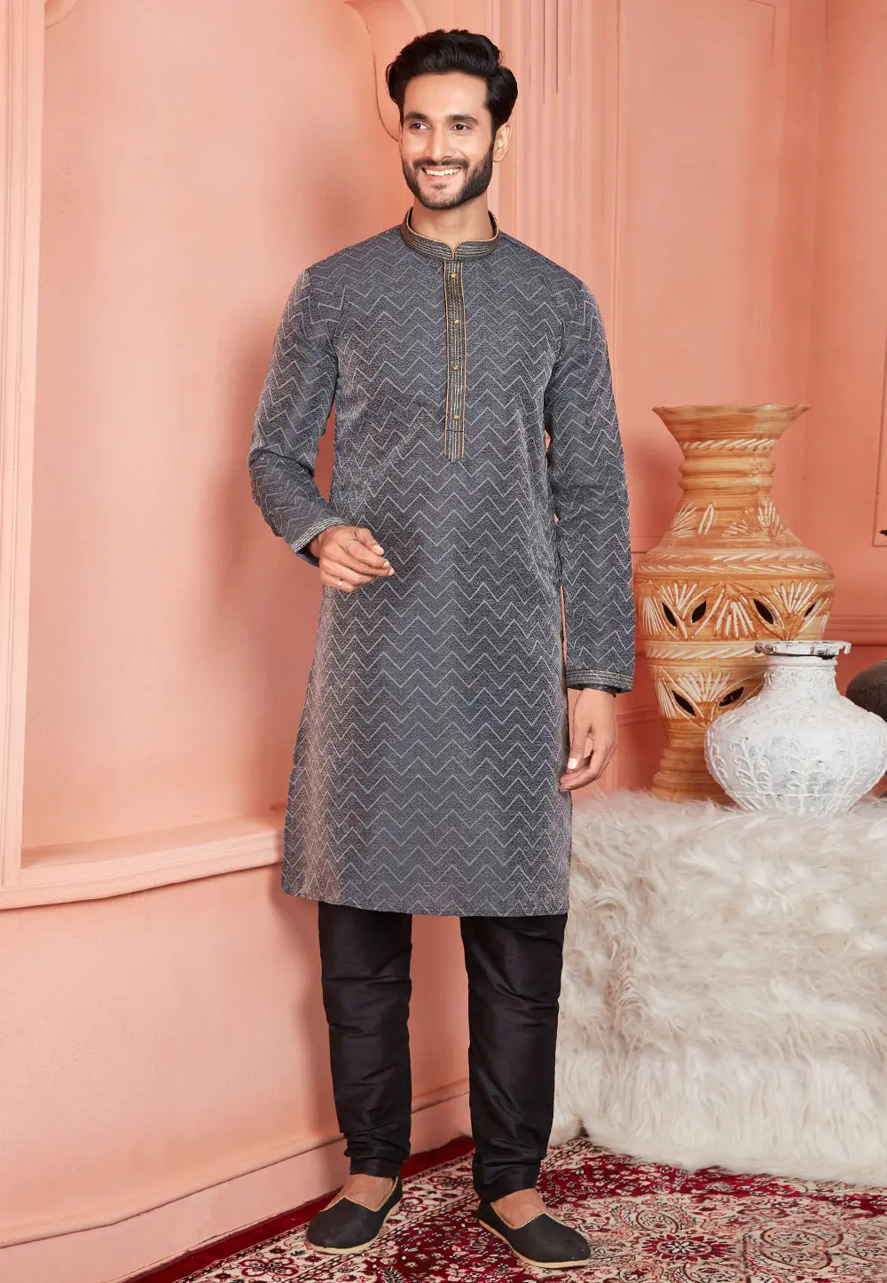Black Jacquard Banarasi Kurta Pajama 304316