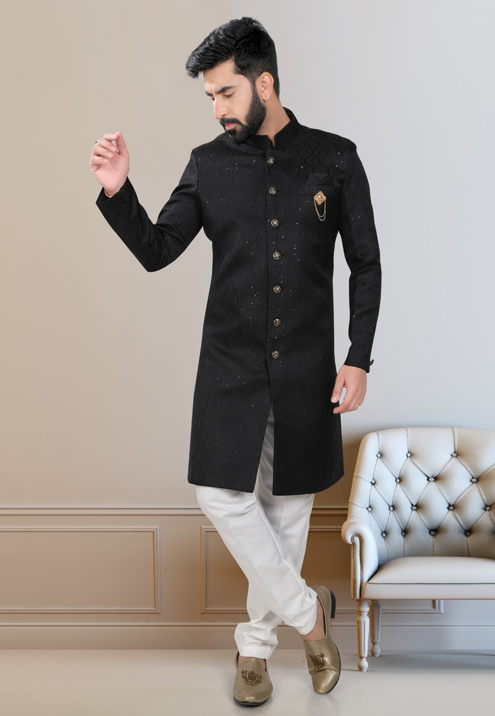Black Jacquard Indo Western Suit 312817