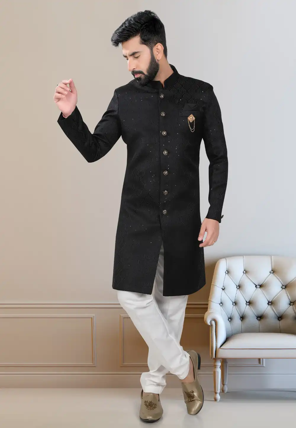 Black Jacquard Indo Western Suit 312817